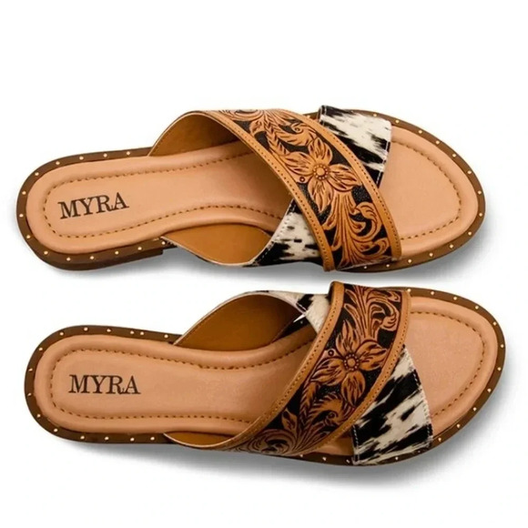 New! Myra Bag Western Hand-Tooled Leather Cowhide Hair-On Sandals - Picture 11 of 11